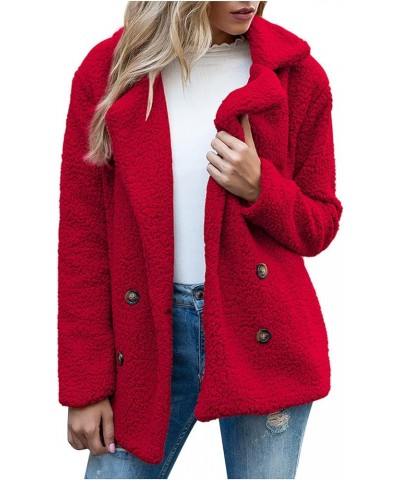 Womens Winter Fleece Jacket Teddy Bear Sherpa Jacket Coats Plush Warm Shaggy Jacket with Pockets Outerwear Red $4.92 Jackets