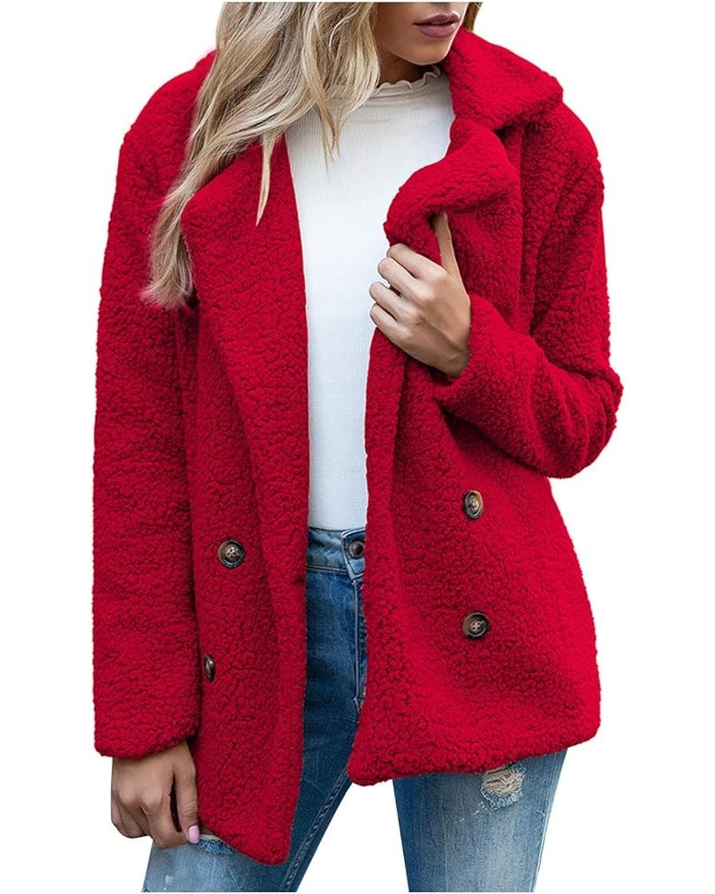 Womens Winter Fleece Jacket Teddy Bear Sherpa Jacket Coats Plush Warm Shaggy Jacket with Pockets Outerwear Red $4.92 Jackets