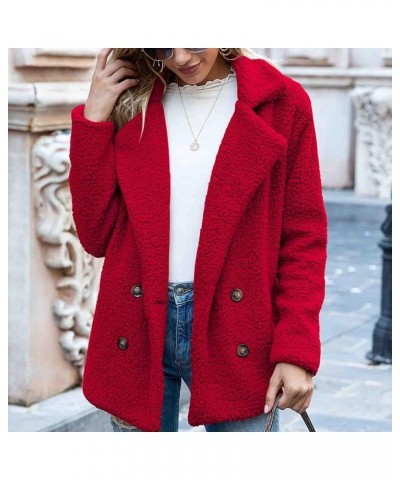 Womens Winter Fleece Jacket Teddy Bear Sherpa Jacket Coats Plush Warm Shaggy Jacket with Pockets Outerwear Red $4.92 Jackets