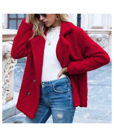 Womens Winter Fleece Jacket Teddy Bear Sherpa Jacket Coats Plush Warm Shaggy Jacket with Pockets Outerwear Red $4.92 Jackets