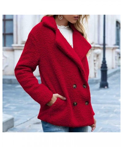 Womens Winter Fleece Jacket Teddy Bear Sherpa Jacket Coats Plush Warm Shaggy Jacket with Pockets Outerwear Red $4.92 Jackets