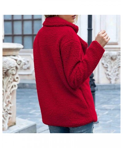 Womens Winter Fleece Jacket Teddy Bear Sherpa Jacket Coats Plush Warm Shaggy Jacket with Pockets Outerwear Red $4.92 Jackets