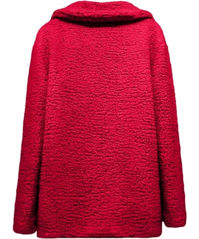 Womens Winter Fleece Jacket Teddy Bear Sherpa Jacket Coats Plush Warm Shaggy Jacket with Pockets Outerwear Red $4.92 Jackets