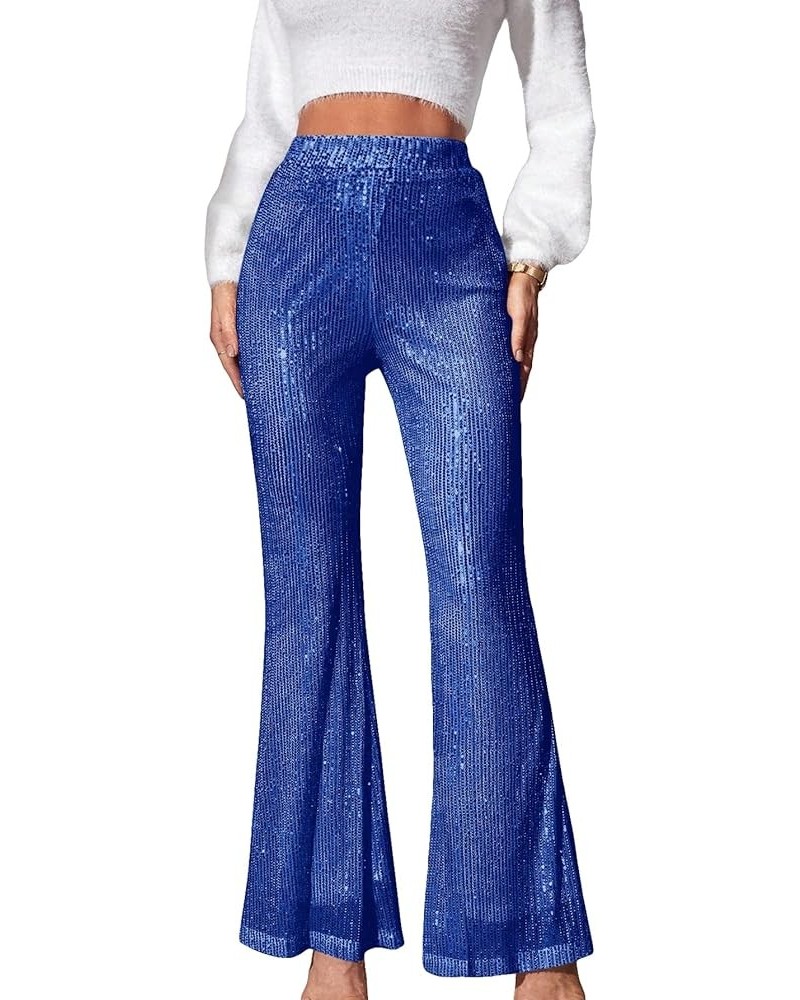 Women's Sequin High Waist Flare Leg Pants Bell Bottom Club Trousers Royal Blue $23.45 Pants