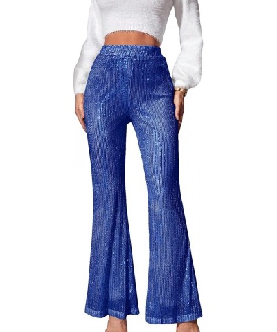 Women's Sequin High Waist Flare Leg Pants Bell Bottom Club Trousers Royal Blue $23.45 Pants