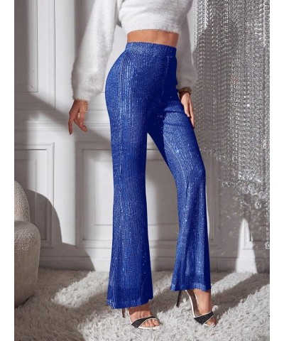 Women's Sequin High Waist Flare Leg Pants Bell Bottom Club Trousers Royal Blue $23.45 Pants