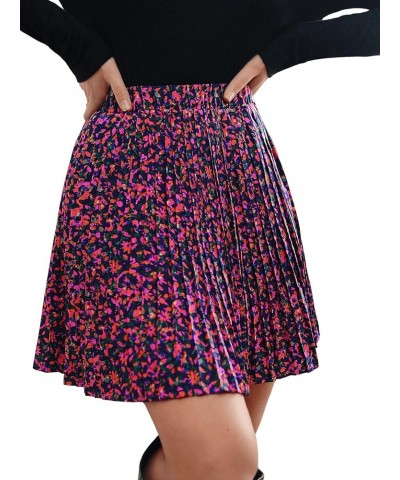 Women's High Waist Mini Pleated Skater Skirt Flared A-Line Floral Short Skirt Purple Red $17.15 Skirts