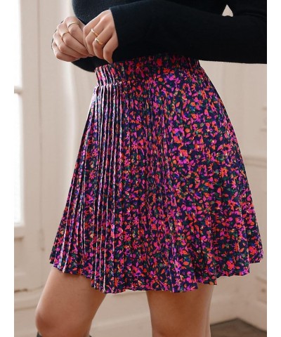 Women's High Waist Mini Pleated Skater Skirt Flared A-Line Floral Short Skirt Purple Red $17.15 Skirts