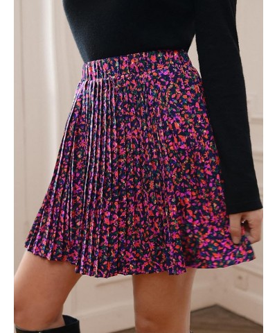 Women's High Waist Mini Pleated Skater Skirt Flared A-Line Floral Short Skirt Purple Red $17.15 Skirts