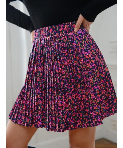 Women's High Waist Mini Pleated Skater Skirt Flared A-Line Floral Short Skirt Purple Red $17.15 Skirts