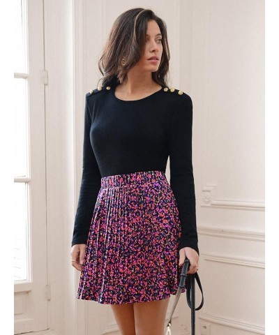 Women's High Waist Mini Pleated Skater Skirt Flared A-Line Floral Short Skirt Purple Red $17.15 Skirts