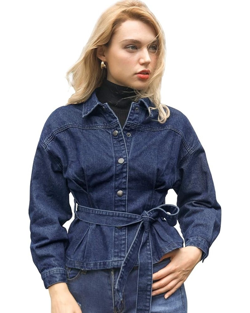 Women's Crop Denim Jacket Point Collar Long Sleeve Belted Button Down Jean Jackets Navy Blue $21.44 Jackets