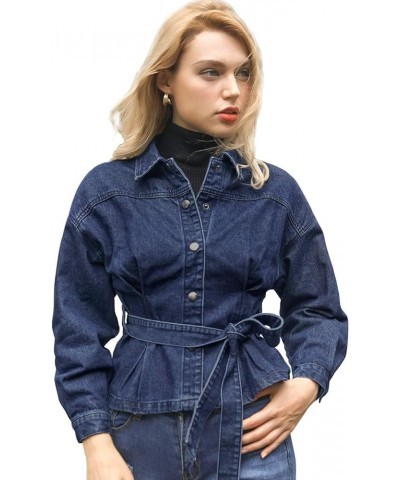 Women's Crop Denim Jacket Point Collar Long Sleeve Belted Button Down Jean Jackets Navy Blue $21.44 Jackets