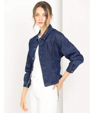 Women's Crop Denim Jacket Point Collar Long Sleeve Belted Button Down Jean Jackets Navy Blue $21.44 Jackets