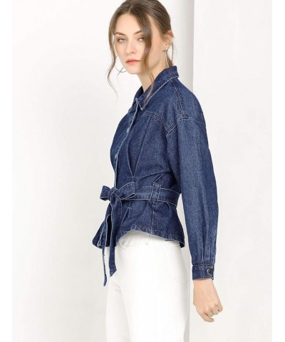 Women's Crop Denim Jacket Point Collar Long Sleeve Belted Button Down Jean Jackets Navy Blue $21.44 Jackets