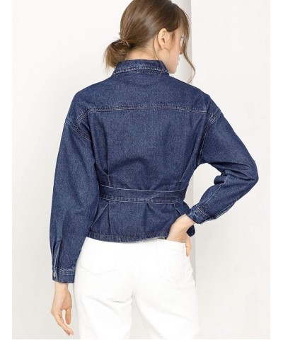 Women's Crop Denim Jacket Point Collar Long Sleeve Belted Button Down Jean Jackets Navy Blue $21.44 Jackets