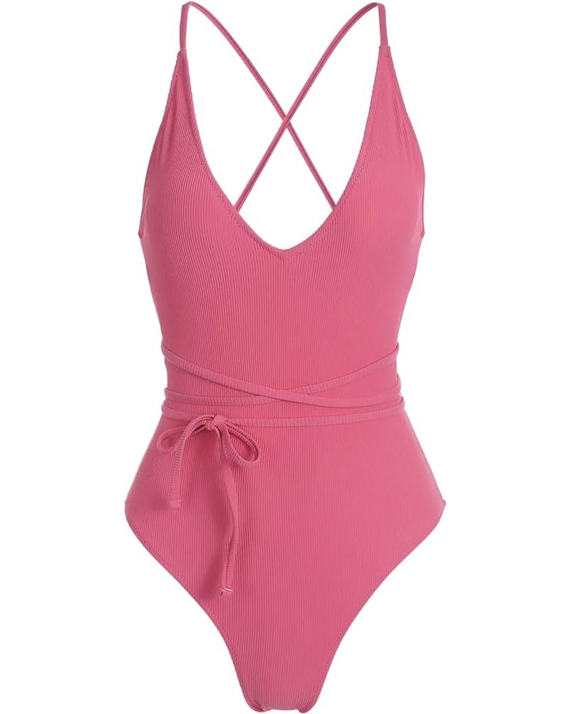 Women's Sexy Bathing Suits Criss Tie Backless High Cut One Piece Swimwear Pink-a $18.49 Swimsuits