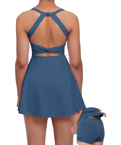 Womens Tennis Golf Dress with Open-Back Waistband Shorts Pockets Workout Athletic Dresses Deep Teal/Eazy Peazy $16.10 Activewear