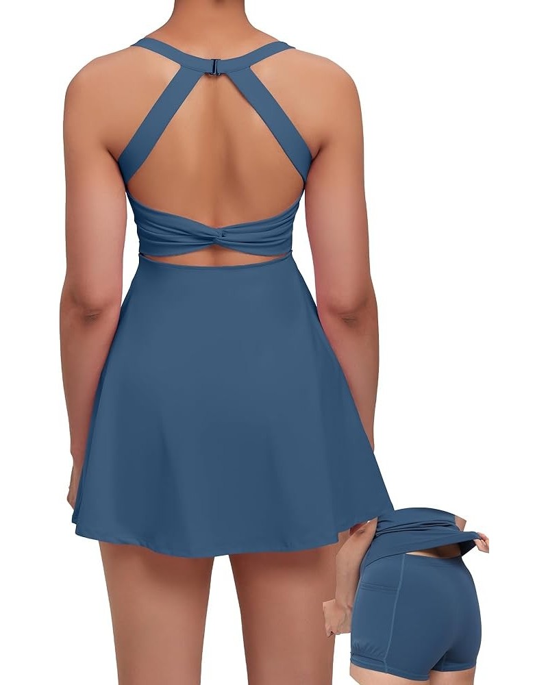 Womens Tennis Golf Dress with Open-Back Waistband Shorts Pockets Workout Athletic Dresses Deep Teal/Eazy Peazy $16.10 Activewear