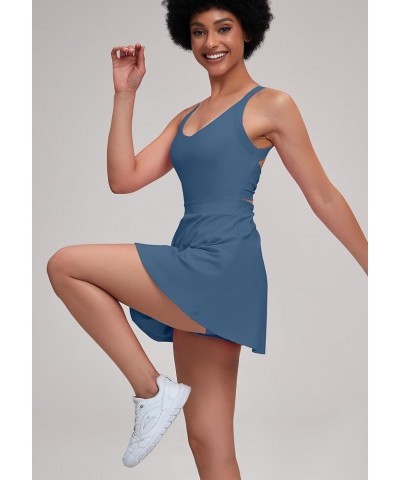 Womens Tennis Golf Dress with Open-Back Waistband Shorts Pockets Workout Athletic Dresses Deep Teal/Eazy Peazy $16.10 Activewear