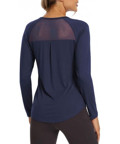 Long Sleeve Workout Shirts Mesh Open Back Yoga Tops Loose Blouses for Women Navy Blue $11.99 Activewear