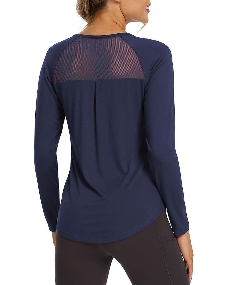 Long Sleeve Workout Shirts Mesh Open Back Yoga Tops Loose Blouses for Women Navy Blue $11.99 Activewear