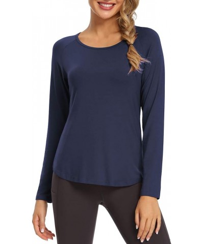 Long Sleeve Workout Shirts Mesh Open Back Yoga Tops Loose Blouses for Women Navy Blue $11.99 Activewear