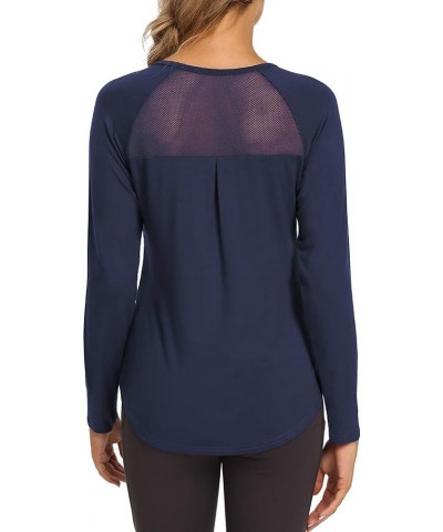 Long Sleeve Workout Shirts Mesh Open Back Yoga Tops Loose Blouses for Women Navy Blue $11.99 Activewear