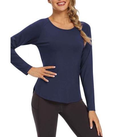 Long Sleeve Workout Shirts Mesh Open Back Yoga Tops Loose Blouses for Women Navy Blue $11.99 Activewear