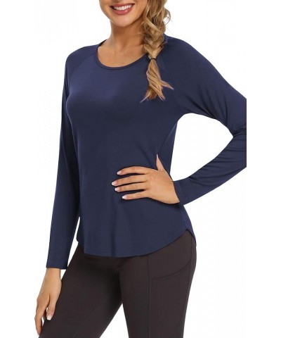 Long Sleeve Workout Shirts Mesh Open Back Yoga Tops Loose Blouses for Women Navy Blue $11.99 Activewear