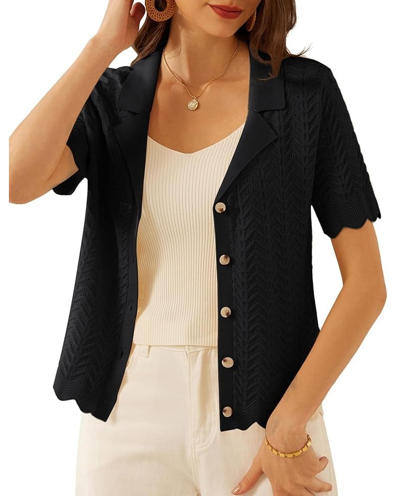 Women's Lightweight Short Sleeve Sweaters Cardigans Lapel Collar Crochet Knit Hollowed Out Cardigans Top Black $12.30 Sweaters