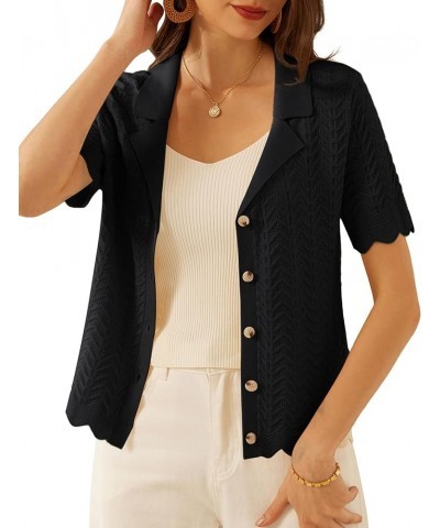 Women's Lightweight Short Sleeve Sweaters Cardigans Lapel Collar Crochet Knit Hollowed Out Cardigans Top Black $12.30 Sweaters