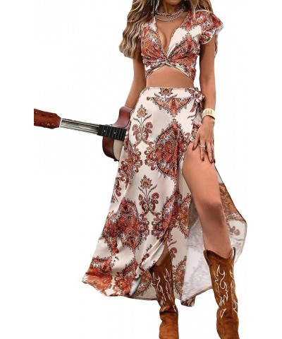 Women's 2 Piece Boho Outfits Floral Print Twist Front Crop Top and Split Thigh Swing Maxi Skirt Set Apricot $20.34 Suits