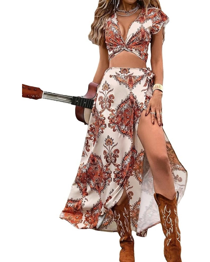 Women's 2 Piece Boho Outfits Floral Print Twist Front Crop Top and Split Thigh Swing Maxi Skirt Set Apricot $20.34 Suits