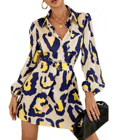 Women's Long Lantern Sleeve Button Down Belted Allover Print Mini Shirt Dress Multicolor $10.99 Dresses