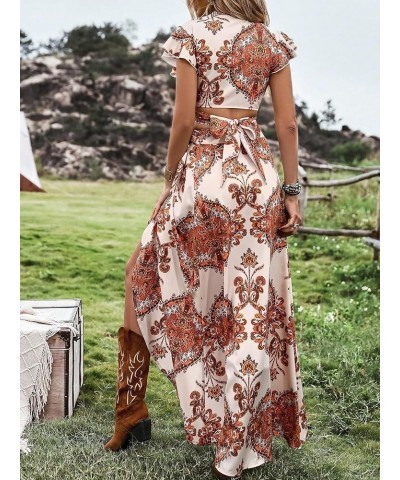 Women's 2 Piece Boho Outfits Floral Print Twist Front Crop Top and Split Thigh Swing Maxi Skirt Set Apricot $20.34 Suits