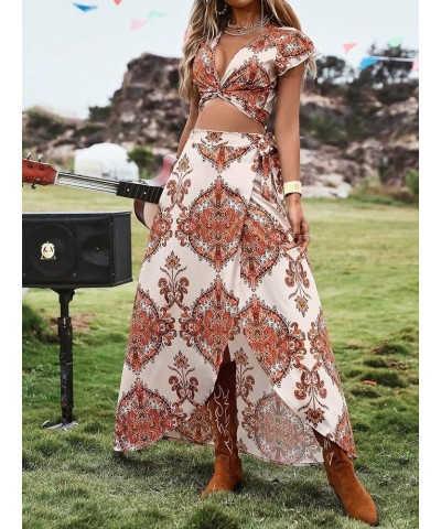 Women's 2 Piece Boho Outfits Floral Print Twist Front Crop Top and Split Thigh Swing Maxi Skirt Set Apricot $20.34 Suits