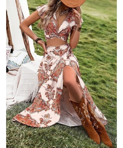 Women's 2 Piece Boho Outfits Floral Print Twist Front Crop Top and Split Thigh Swing Maxi Skirt Set Apricot $20.34 Suits