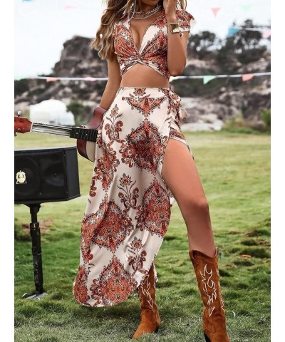 Women's 2 Piece Boho Outfits Floral Print Twist Front Crop Top and Split Thigh Swing Maxi Skirt Set Apricot $20.34 Suits