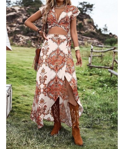 Women's 2 Piece Boho Outfits Floral Print Twist Front Crop Top and Split Thigh Swing Maxi Skirt Set Apricot $20.34 Suits