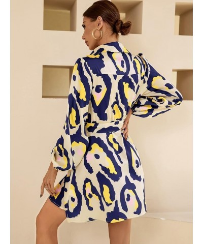 Women's Long Lantern Sleeve Button Down Belted Allover Print Mini Shirt Dress Multicolor $10.99 Dresses