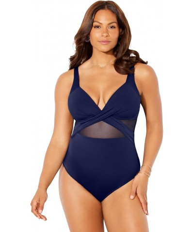 Women's Plus Size Cut Out Mesh Underwire One Piece Swimsuit Navy $18.26 Swimsuits