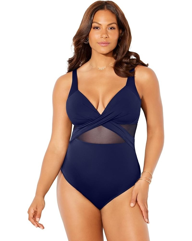 Women's Plus Size Cut Out Mesh Underwire One Piece Swimsuit Navy $18.26 Swimsuits