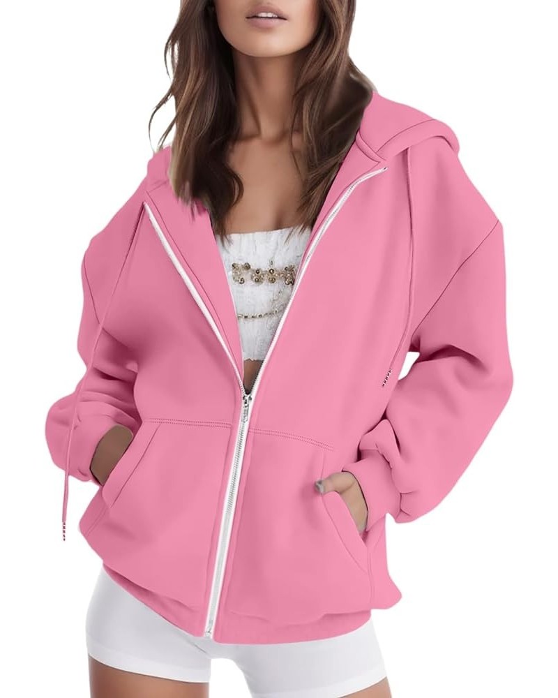 Womens Oversized Zip Up Hoodies Long Sleeve Fall Casual Sweatshirts Jacket Trendy Hoodie with Pocket 2_pink $9.85 Hoodies & S...