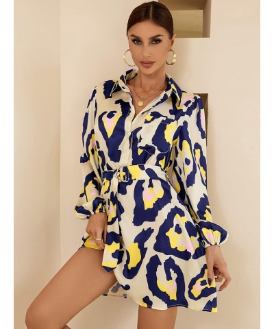 Women's Long Lantern Sleeve Button Down Belted Allover Print Mini Shirt Dress Multicolor $10.99 Dresses