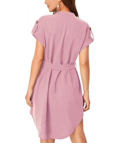 Women's V Neck Belted High Low Roll Short Sleeve Office Tunic Mini Dress Light Pink $20.51 Dresses