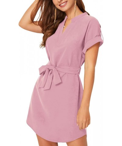 Women's V Neck Belted High Low Roll Short Sleeve Office Tunic Mini Dress Light Pink $20.51 Dresses