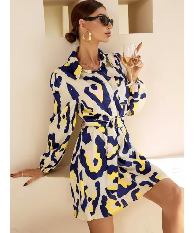 Women's Long Lantern Sleeve Button Down Belted Allover Print Mini Shirt Dress Multicolor $10.99 Dresses