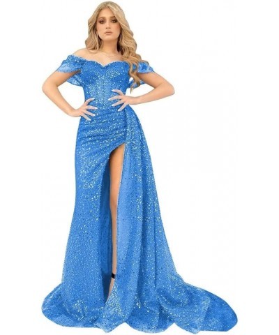 Off Shoulder Sequin Prom Dresses with Slit Mermaid Tulle Sweetheart Formal Party Evening Gowns for Women 2024 Blue $43.73 Dre...