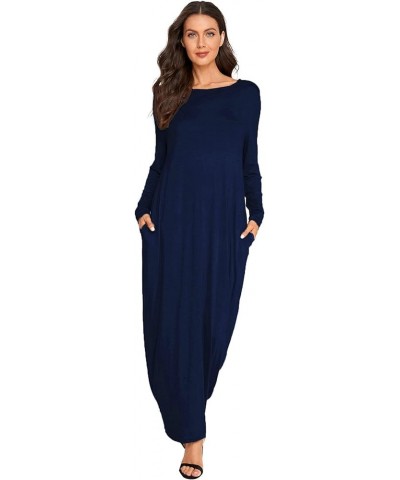 Women's Long Sleeve Pocketed Loose Long Lounge Maxi Dress Navy $16.80 Dresses